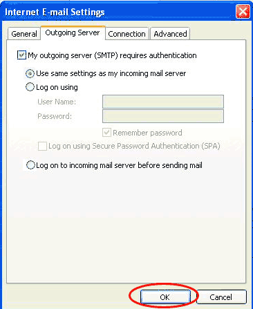 Outlook Outgoing Server Options screen