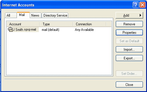 Outlook Express accounts screen
